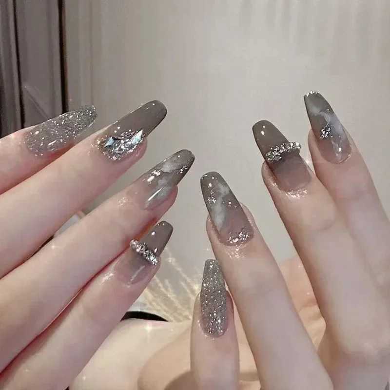 24Pcs Long Ballet False Nails Black Stars with Rhinestones Wearable Fake Nails Glitter Gradient Full Cover Press on Nail TipsXJ241025