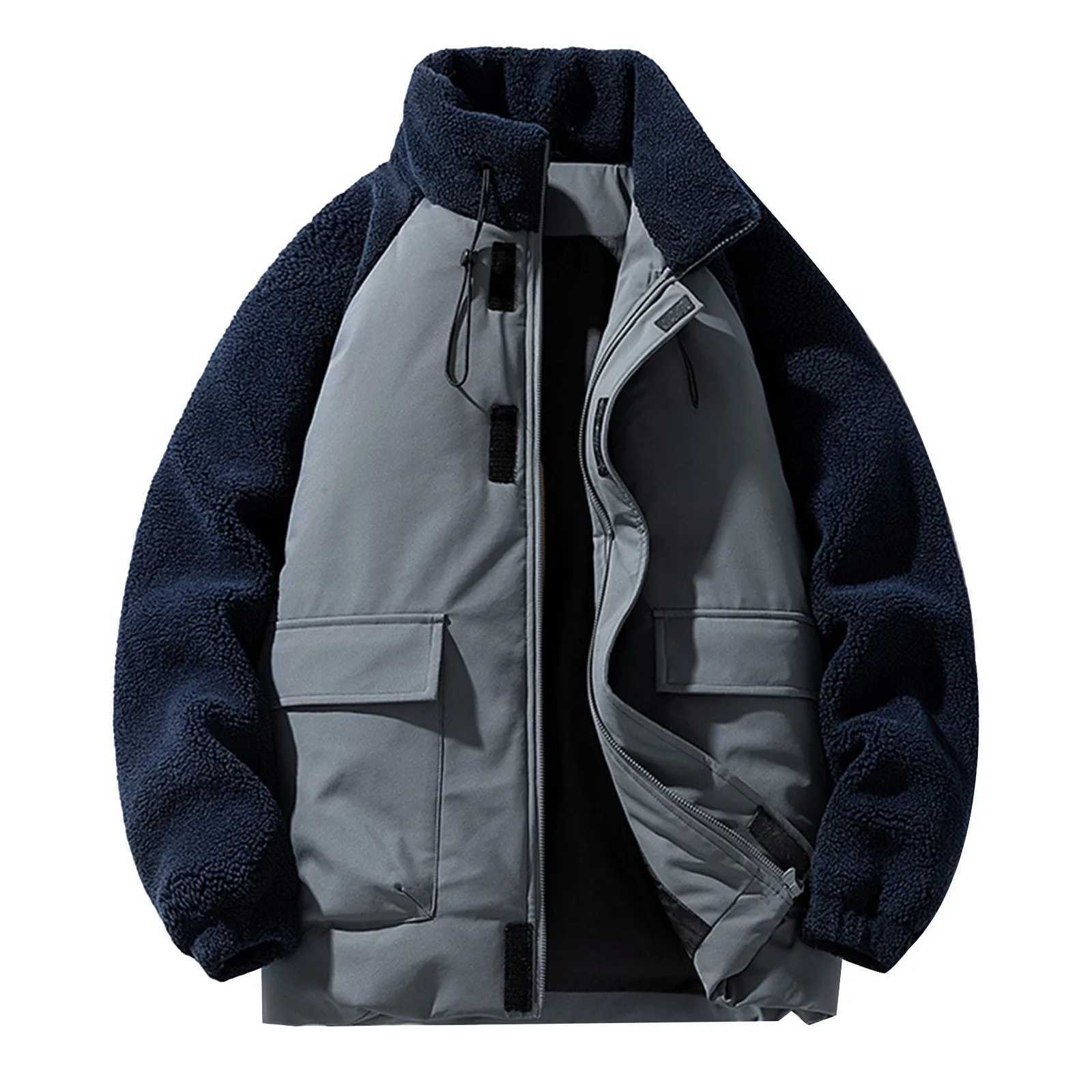 Mens winter down jacket zipper lamb wool cotton padded jacket splicing frame collar long sleeve fashionable thick jacket W241024