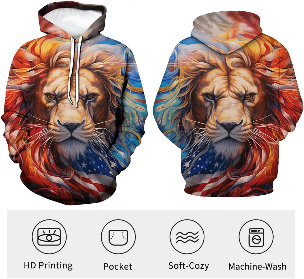 Hoodie for Mens Womens Mens 3D Lion Print Hoodie - Patriotic Theme, Animal Graphic Sweatshirt Graphic Hoodies sweatshirt Fashionable and Warm