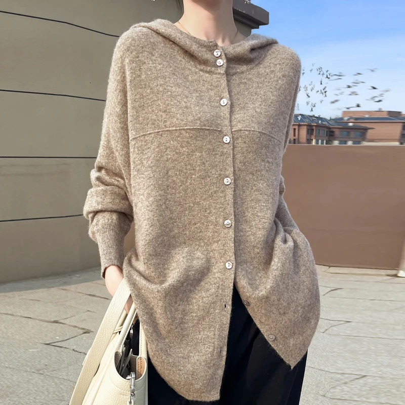 FallWinter 2024 womens cardigan 100% pure wool solid color hooded collar cashmere fashion loose plus size sweater coat 241024