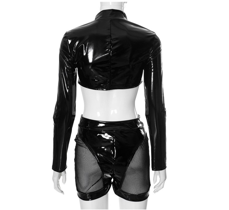 Women's Tracksuits PU Patchwork Sexy 2 Piece Set Women Autumn Hipster Full Zip Crop Jacket+Shorts Matching Clubwear Midnight Outfits