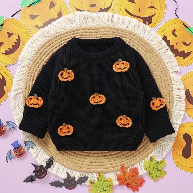 Baby girl boy knitted sweater long sleeved crew collar pumpkin warm Halloween costume winter childrens top W241025