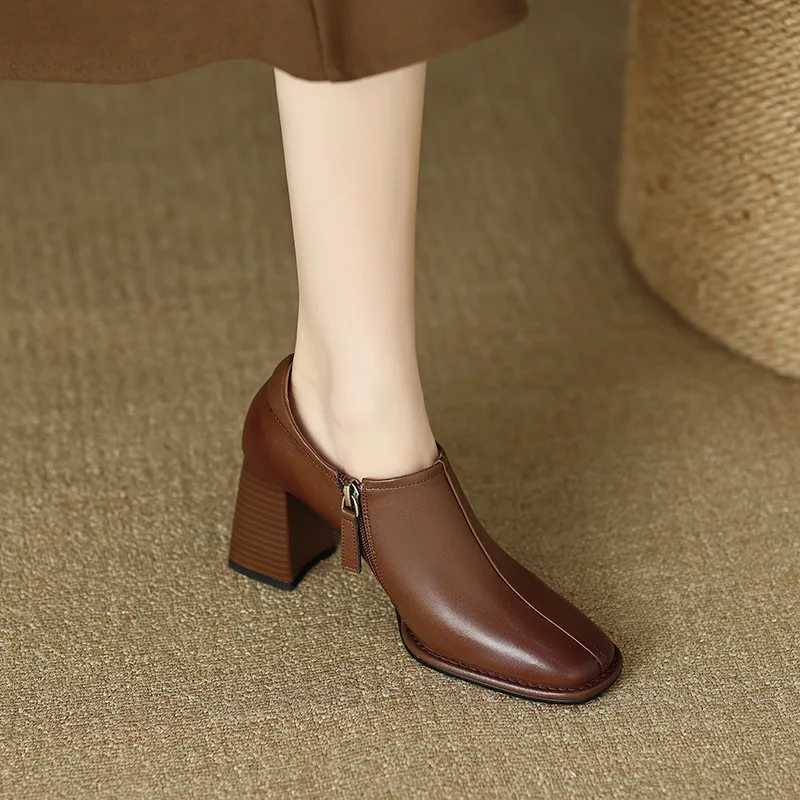 High Quality Womens Shoes Spring Autumn New Square Head Thin High Heels Fi Ankle Boot Brown Allmah Leather Shoes T241024
