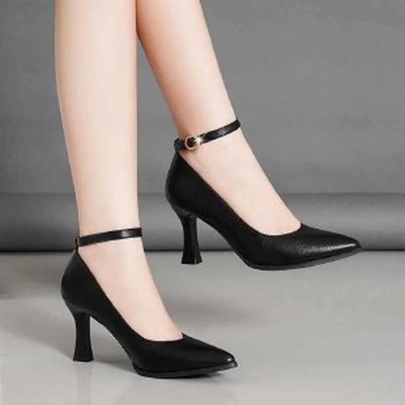 High Quality Summer New Fi Pointed Toe Shallow Womens Shoes with Thick Heels and Black Simple Work Shoes with Word Buckle T241024