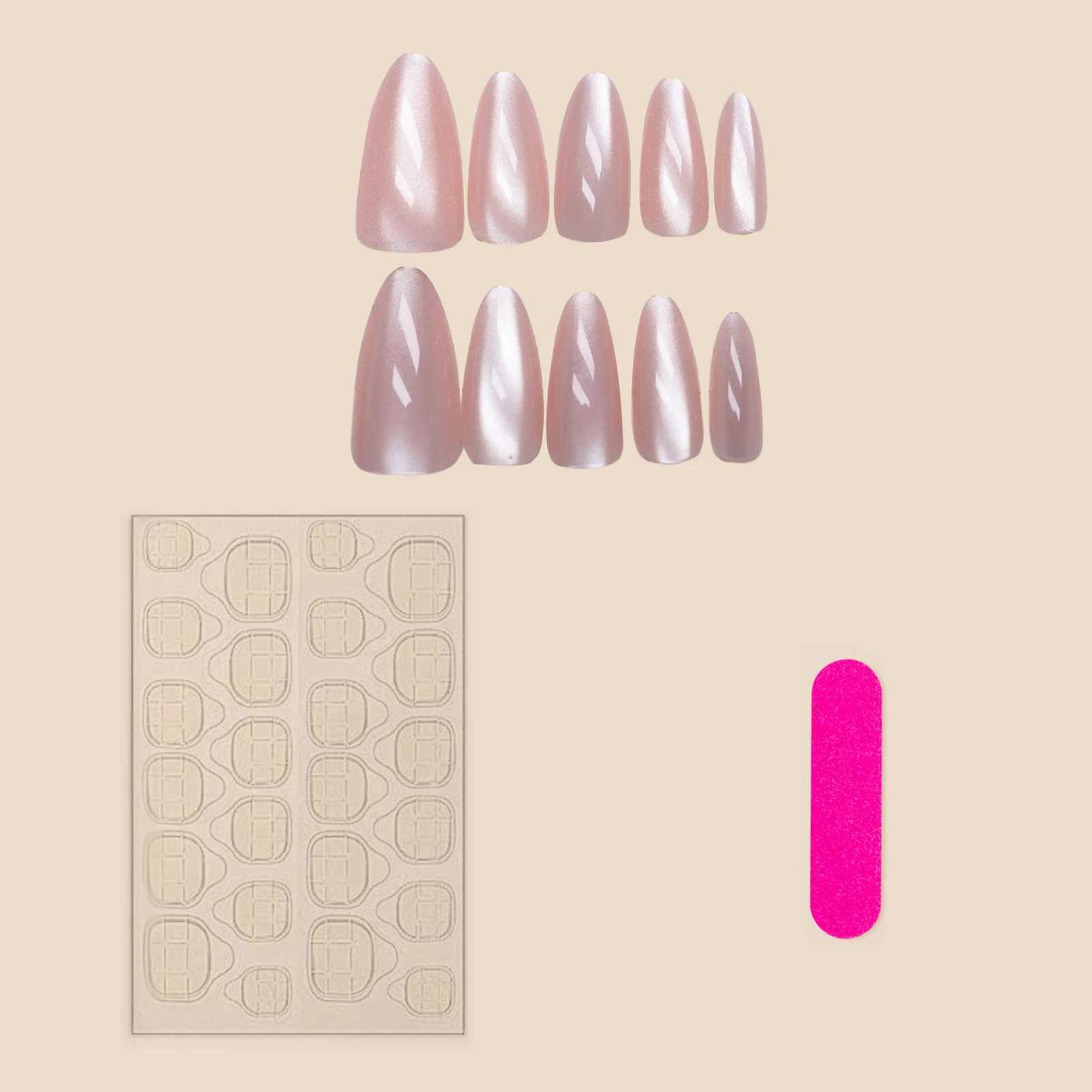 24pcs Long Almond Pink Cats Eye Fake Nails Press On Nails Round False Nail Flash Aurora Wearable Artificial Nails With AdhesiveXJ241025