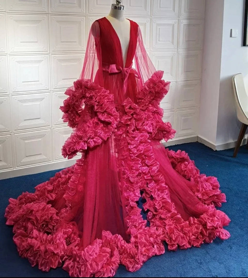 Modern Women Bathrobe Ruffles V Neck Long Sleeve Maternity Dresses Pregnant Split Nightgown Pijama Evening Dress Custom Made