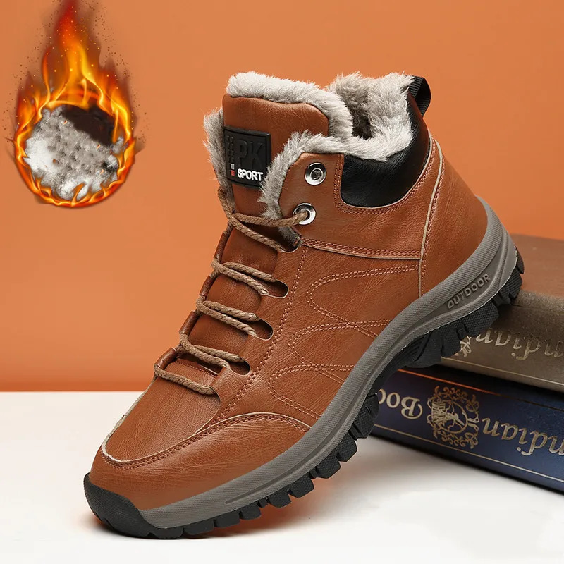 Winter plush warm mens boots leather mens snow boots couple waterproof anti slip ankle boots lace upper outdoor hiking shoes 39- 241024