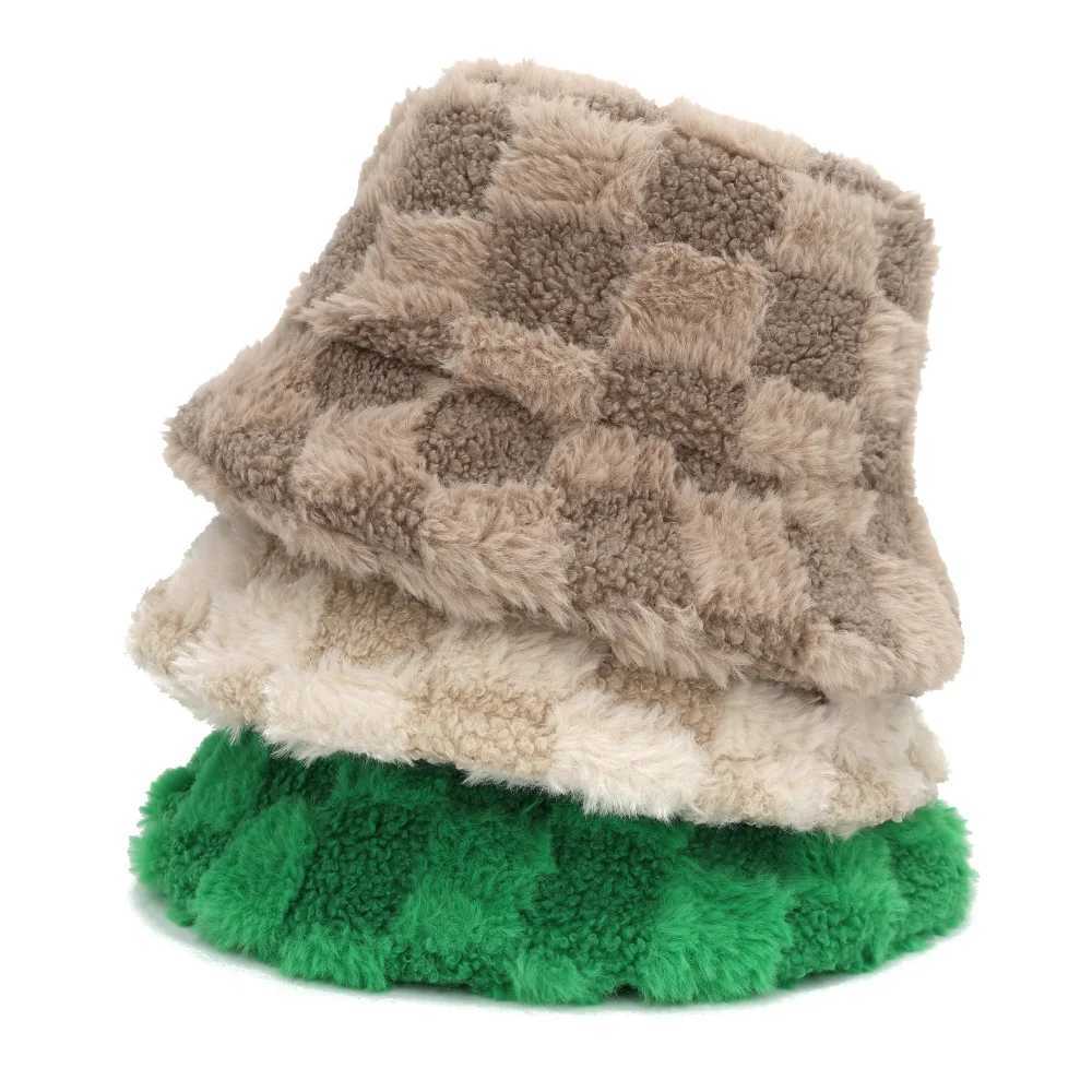 Checkerboard Splicing Winter Bucket Hats Keep Warm Thick Fur Fluffy Women Men Outdoor Fashion Windproof Female Fisherman CapsX241025