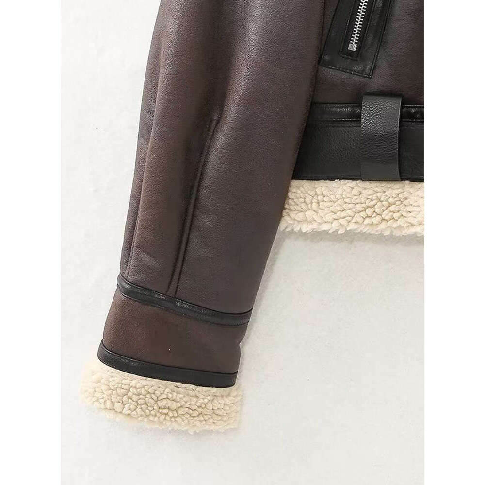 KAOPU ZA Women Faux Fur Trims Thick Warm Winter Double-Faced Biker Jacket Coat Vintage Long Sleeve Female Outerwear Chic Tops