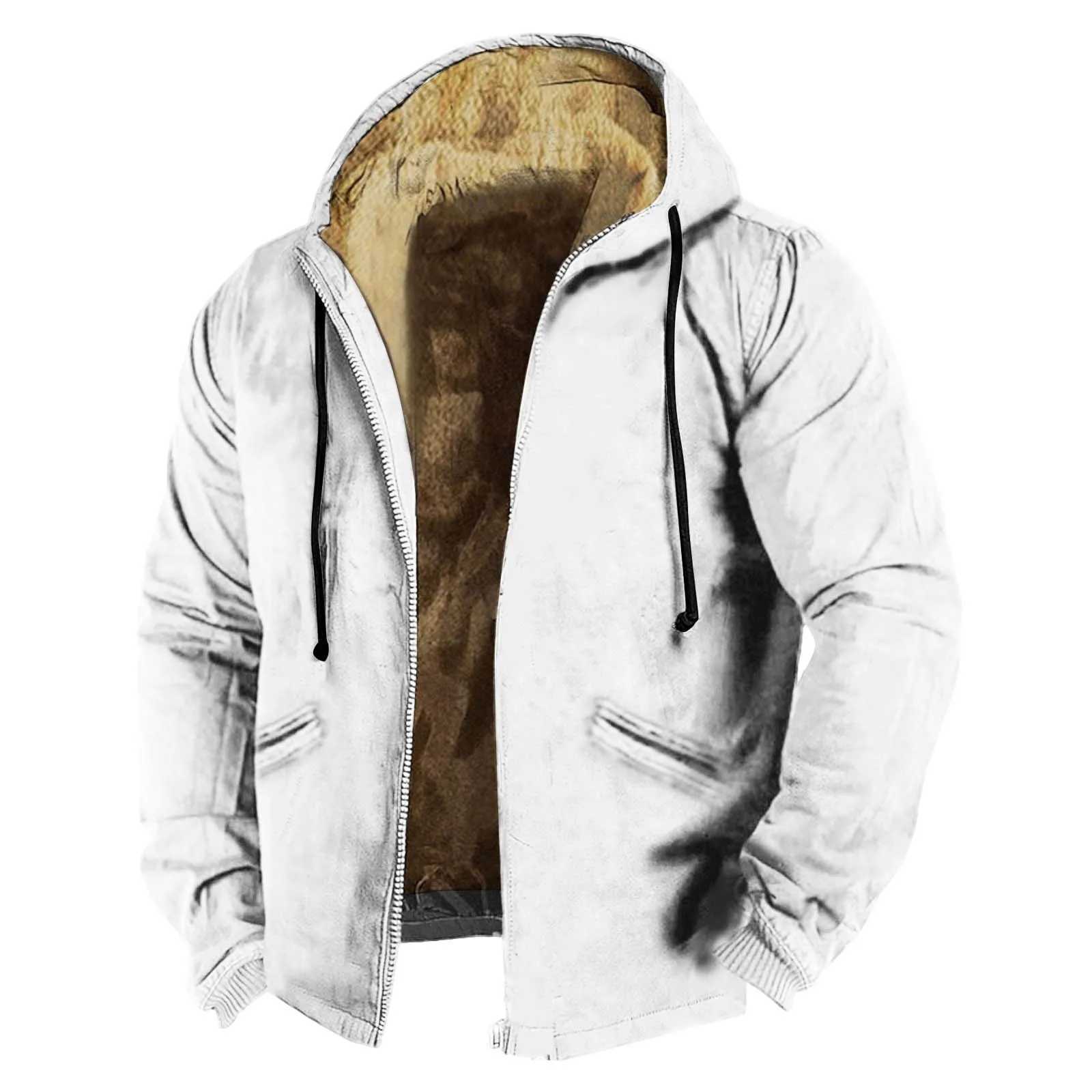 Mens hooded plush lined jacket thick zipper Lambswool jacket long sleeved sweater jacket solid color hooded sweater W241024