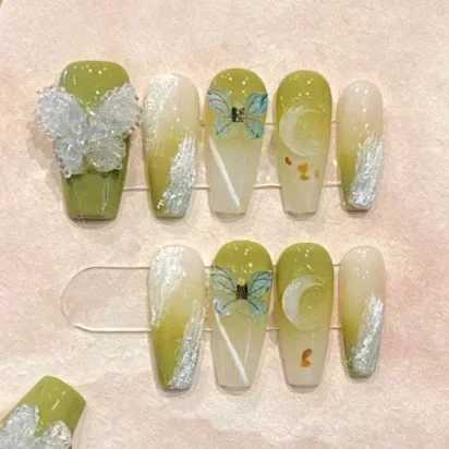 10pc Detachable Long Ballet Green False Nails with Camellia Butterfly Full Cover Press on Acrylic Nail Coffin Korean Style NailsXJ241025