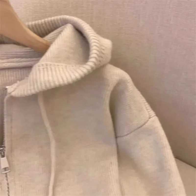Spring and Autumn womens hooded sweater cardigan top 2024 womens loose zipper knitted jacket womens fashionable long sleeved jacket W241024