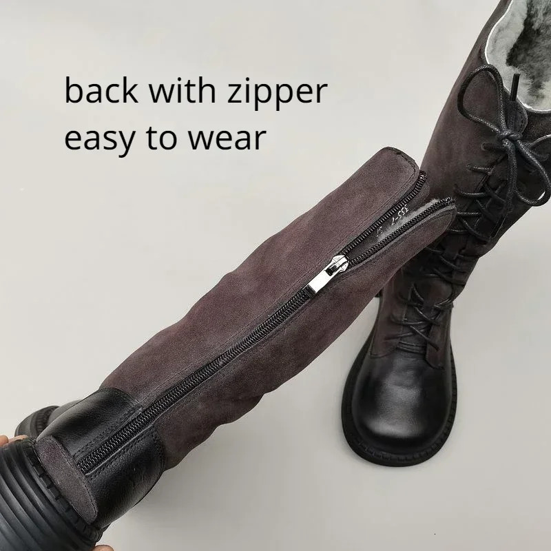 Knight Genuine Leather Real Wool Women's Knee-High Sheepskin Fur Anti Slip Thick Cotton Warm Lace Up Long Boots 3337 241110