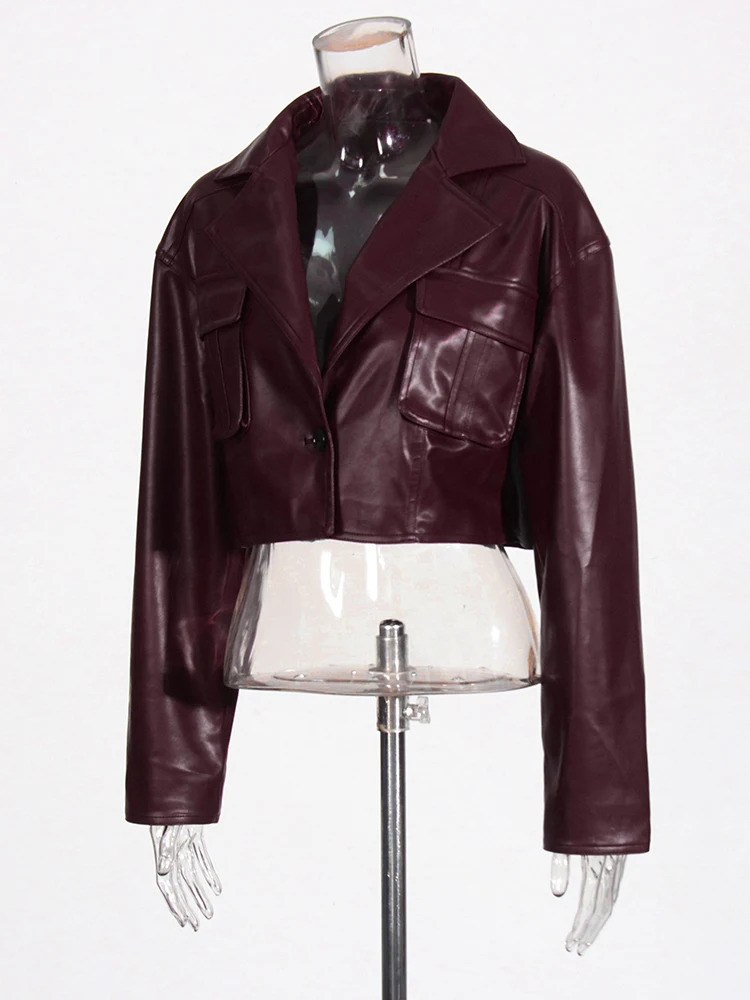 TWOTWINSTYLE Solid Patch Work Bag Womens Leather Chic Coat Collar Long Sleeve Splicing Button Short Jacket Womens Fashion 241025