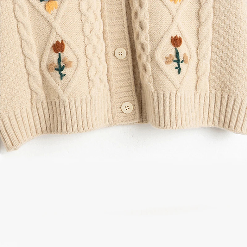 ABRINI Women Vintage Embroidery Oneck Sweater Cardigan Single Breasted Thickened Loose Knit Coat Fall Winter Warm Casual 241021