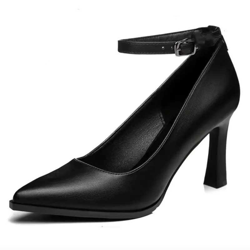 High Quality Summer New Fi Pointed Toe Shallow Womens Shoes with Thick Heels and Black Simple Work Shoes with Word Buckle T241024