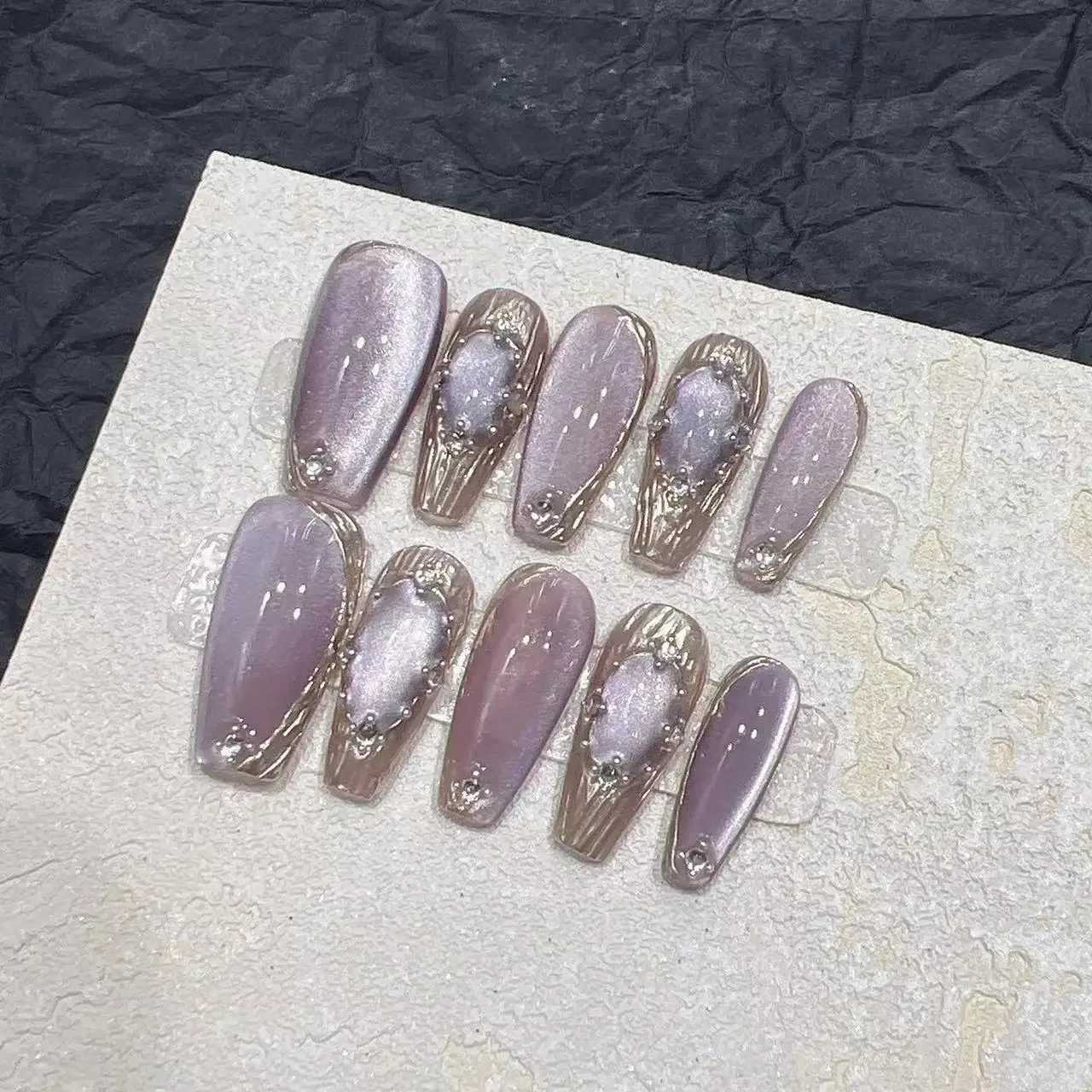 10pcs Cat Eyes Magic Mirror Pink Press On Nails Short Ballet Removeable Manicure Full Cover Long False Nail With Glue Fake NailXJ241025