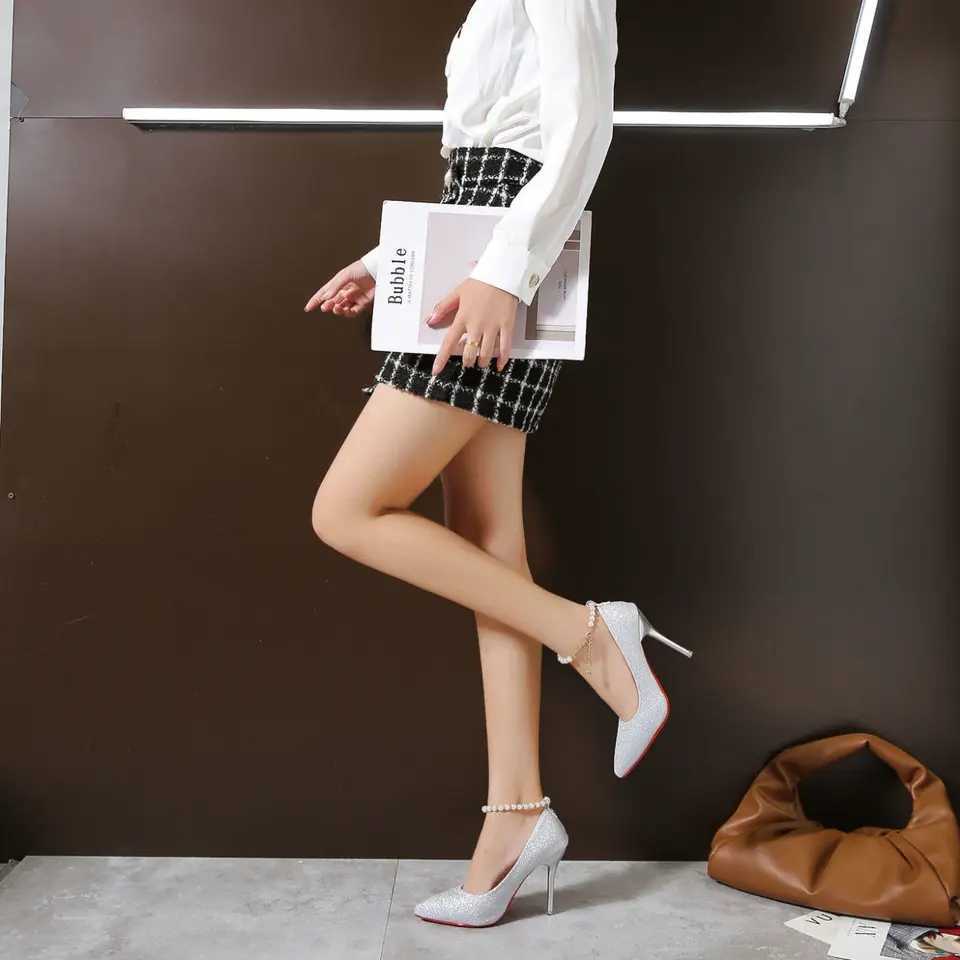 High Quality Pearl pendant bead buckle womens pump gold 7cm/10cm high heel anklet shoulder strap womens party dress shoes Plus size 45 T241024