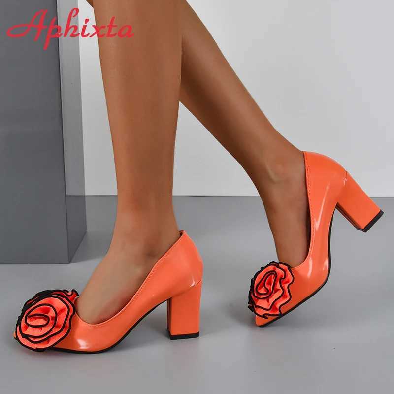 High Quality Aphixta Orange Rose 7cm Square Heel Pump Womens Shoes Student and Adult Pointed Toe Super Large Size 30-50 T241024