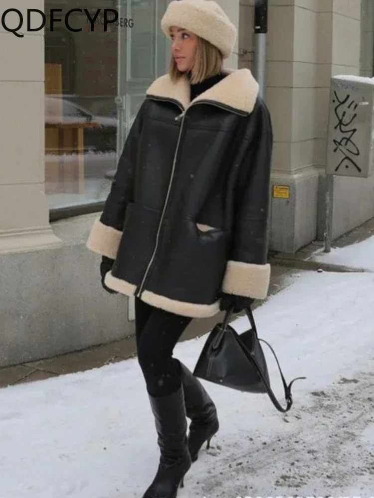 Women's Coats 2024 Autumn Winter New Fashion Large Fur Collar PU Jacket Top Casual Loose Thickened Warm Faux Leather Coat Women