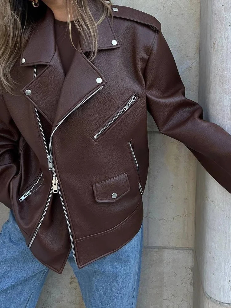 Retro collar leather jacket for women solid loose long sleeved zipper pocket jacket autumn womens motorcycle high street jacket 241025