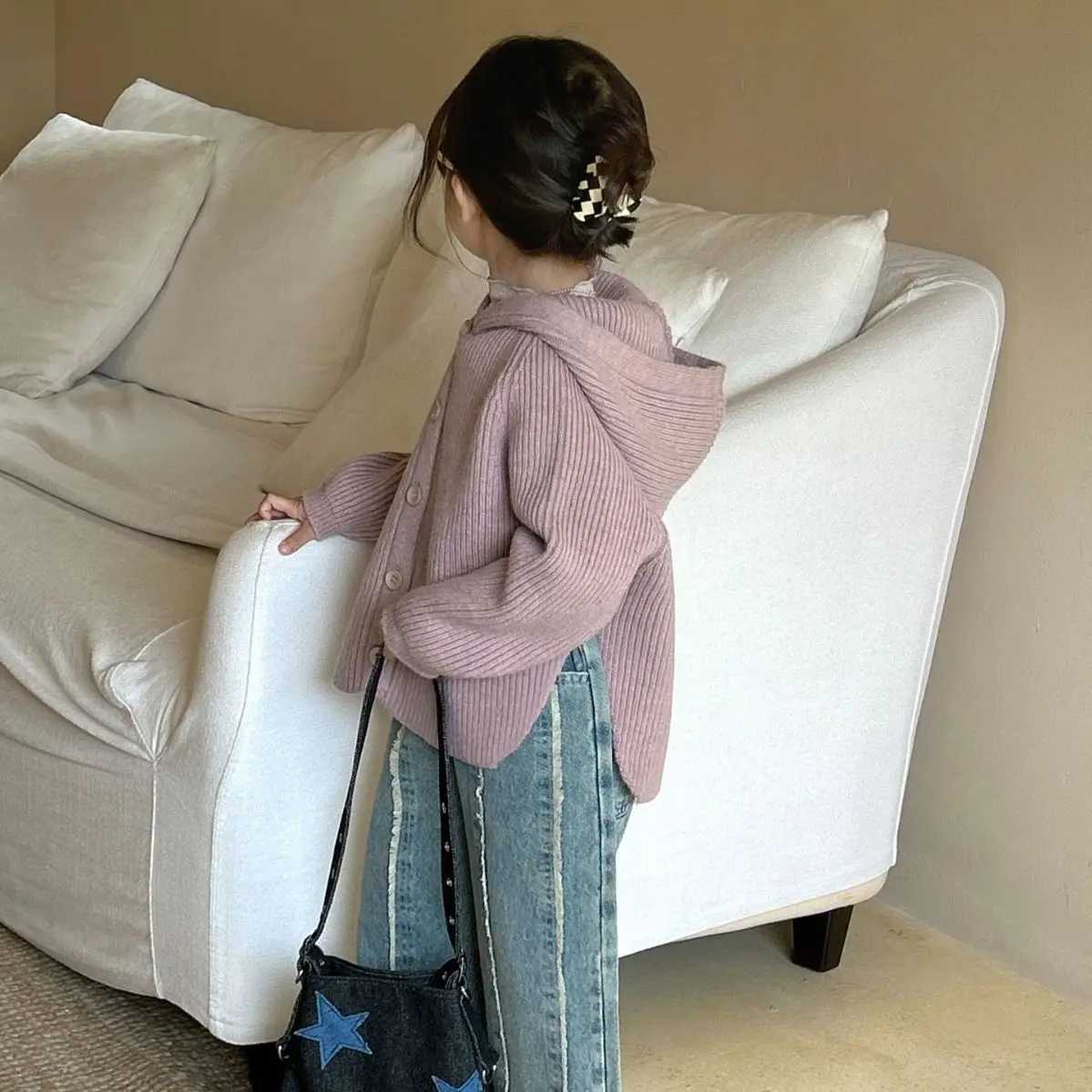 Purple sweater autumn new childrens clothing Korean girls solid color hooded sweatshirt cape style simple open seam 2024 stripes W241025