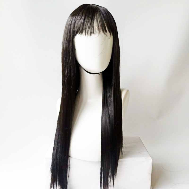 New wig for women with long gray hair, full headpiece, neat bangs and long straight hair