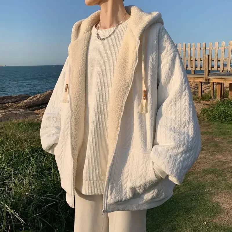 Mens Winter Thick Flce Line Cashmere Jacket with Niche Design Sensual Fashion Brand Ins Hong Kong Style Cotton Coat W241024