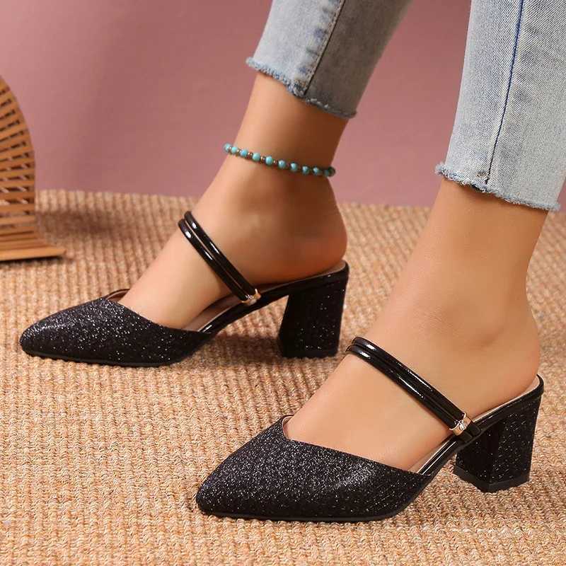 High Quality Golden Sier Bling High Heel Pump Womens Fi Strap Slide - Party Shoes Womens Pointed Toe Slide Thick High Heels T241024