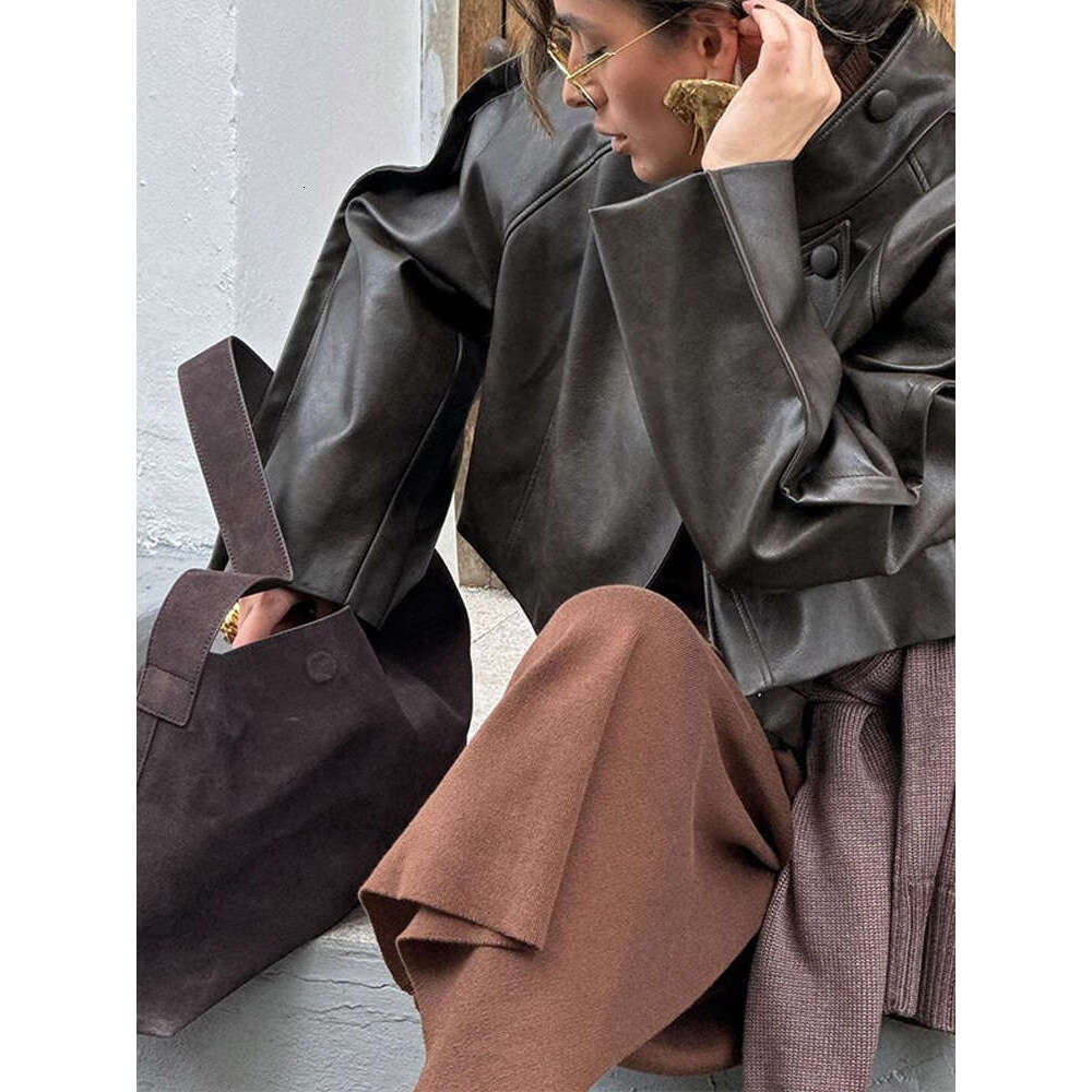 Chic Full Sleeve Neck Adjustable Jacket Vintage Zipper Button Leather Coats New Autumn Female High Street Top Clothing