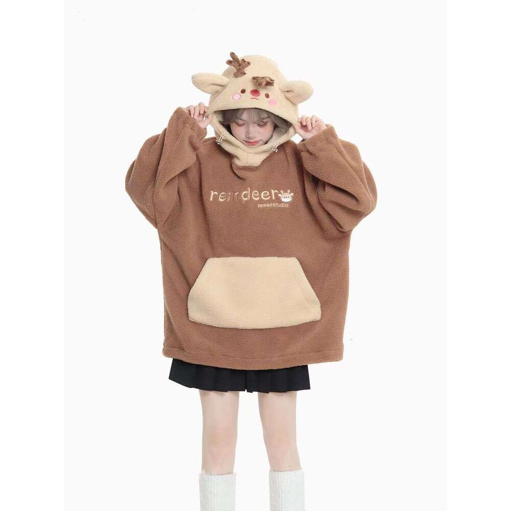 2023 Christmas New Cute Elk Hooded Sweatshirt Autumn Winter American Contrasting Loose Lambswool Hoodie Winter Clothes Women