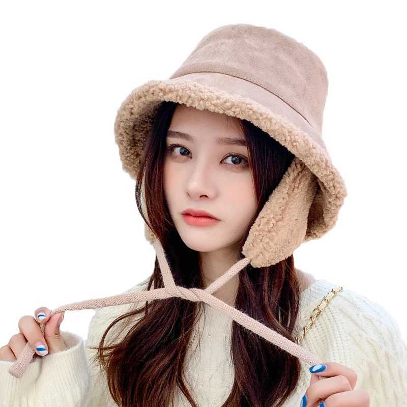 Fashion Winter Women Thick Bucket Hats with Earmuffs Lamb Wool Warm Ear Protector Fisherman Hat Autumn Plush Velvet Panama CapsX241025
