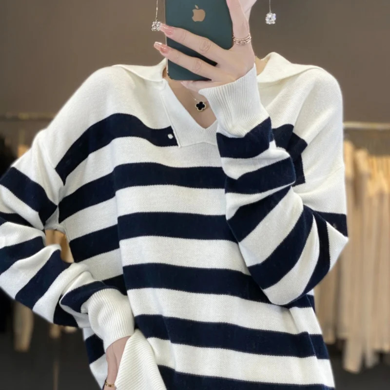 Womens Pullover AutumnWinter 100 Wool Sweater JapanKorea Loose Casual Knit Navy Collar Tops Striped Blouse 241021