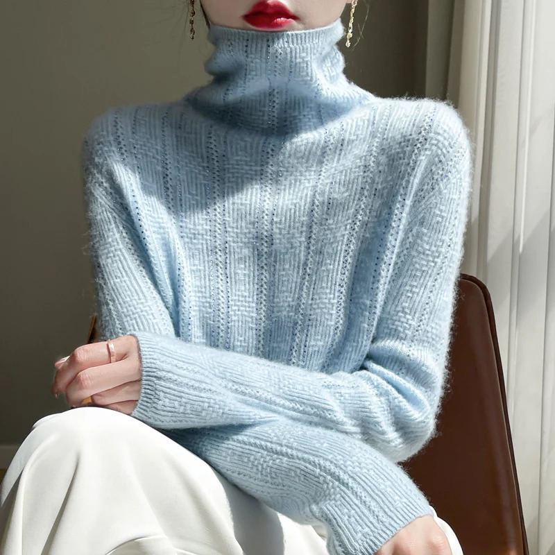 High Neck 100%Merino Wool Sweater Womens Hollow Out AutumnWinter Solid Color Diamond Warm And Soft Knit Jumper Top 241021