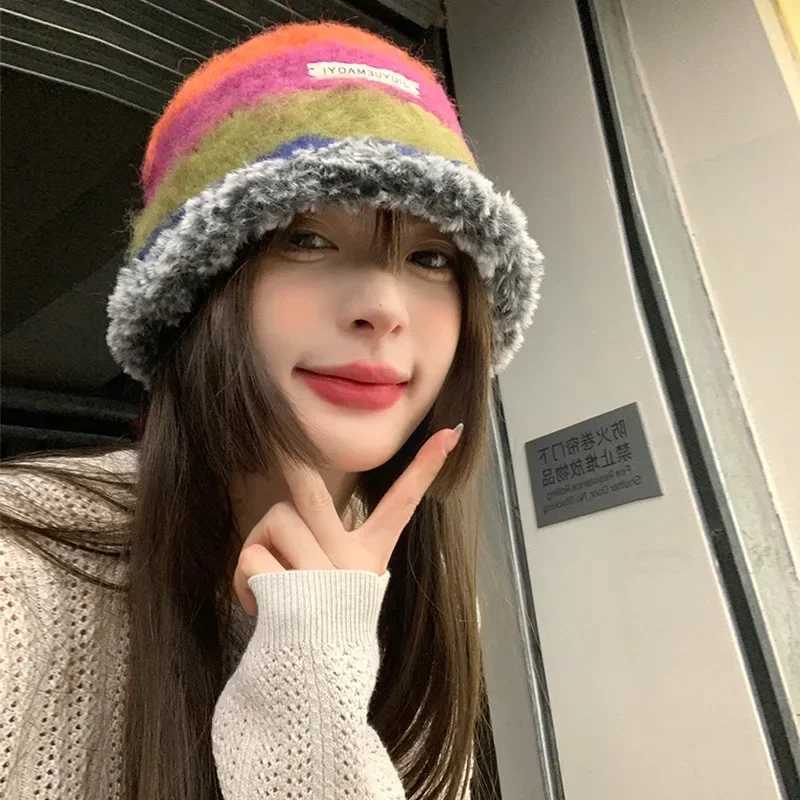 Japanese New Gradient Wool Rainbow Color Stripe Beanies Women Handmade Crochet Beanie Thick Warm Knitted Hat Winter Bucket HatX241025