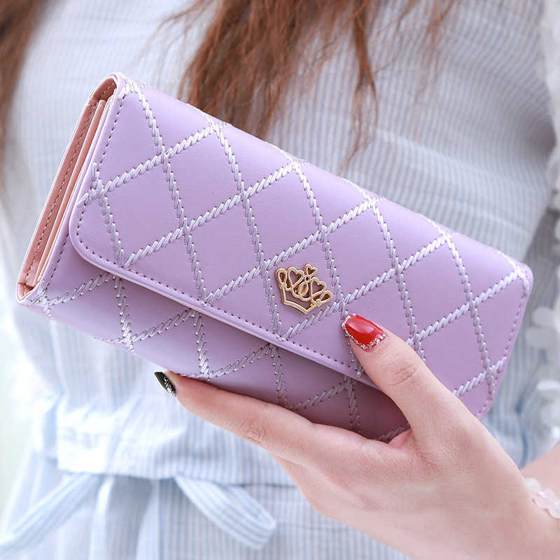 CMM New Womens Wallet Long Multifunctional Diamond Grid Crown Embroidered Three Fold Wallet for Women Large Capacity Mobile Phone Bag