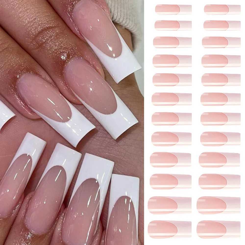 24pcs Extra Long False Nails French Patterns Press On Nails White Line Square Artificial Nail Tips Manicure Shiny Fake NailsXJ241025