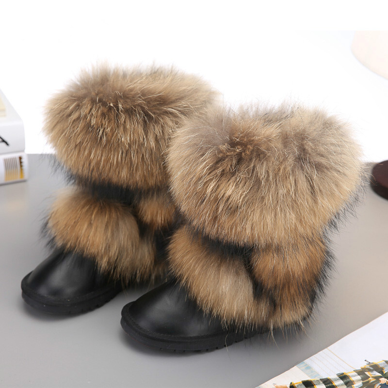 Winter Women Genuine Leather Snow Fox Fur Mid-Calf Warm Boots Female Shoes Size 34-40