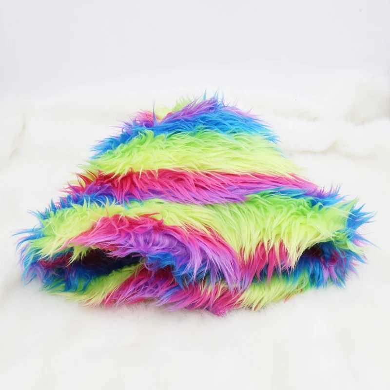 2022 Women Men Fashion Rainbow Faux Fur Bucket Hat Winter Thickened Soft Warm Fluffy Fishing Cap Outdoor Vacation Fisherman HatX241025