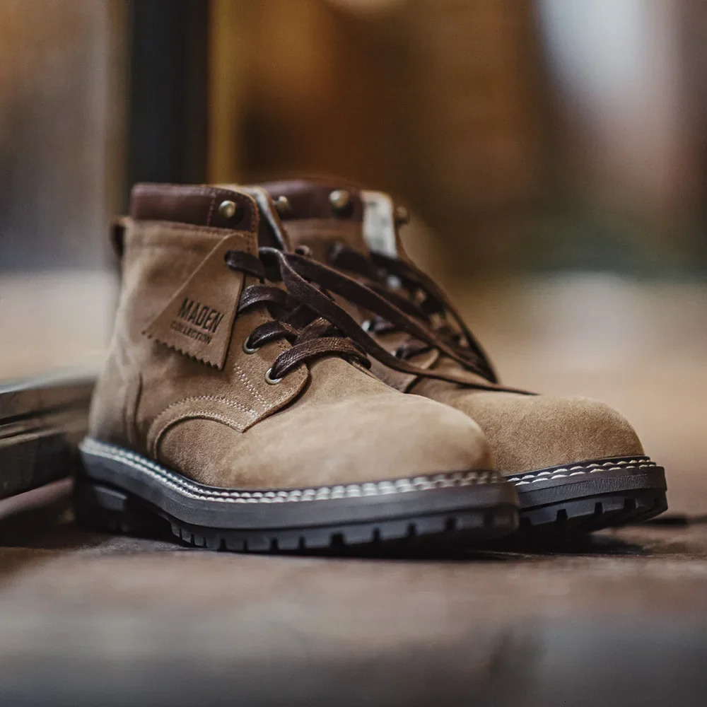 Maden autumn and winter mens mid top work boots round foot flat shoes retro outdoor shoes wear-resistant rubber soles 241024