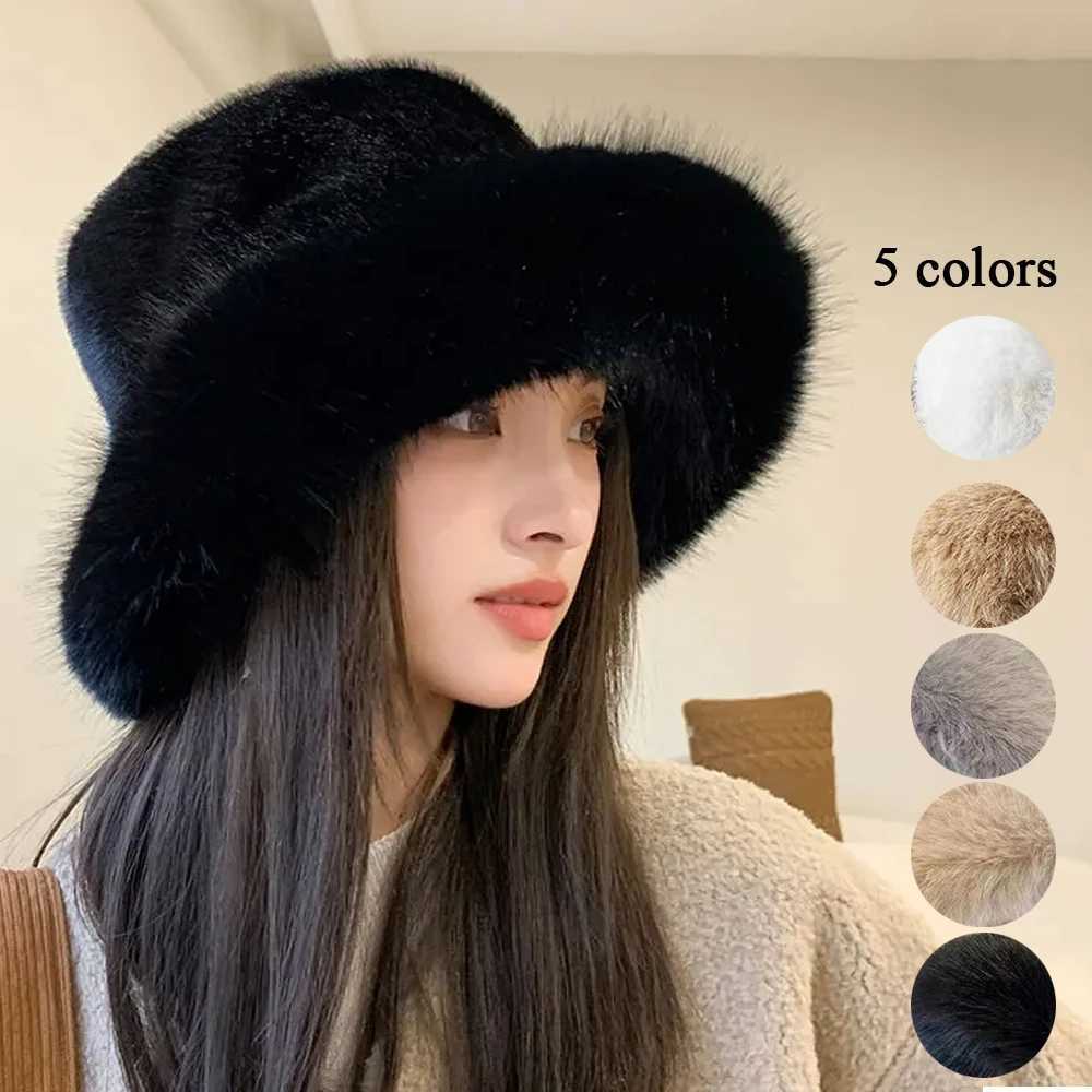 Women Faux Fur Fluffy Bucket Hat Winter Thicken Ear Protection Cap Soft Plush Casual Versatile Panama Cap Windproof Warm HatsX241025
