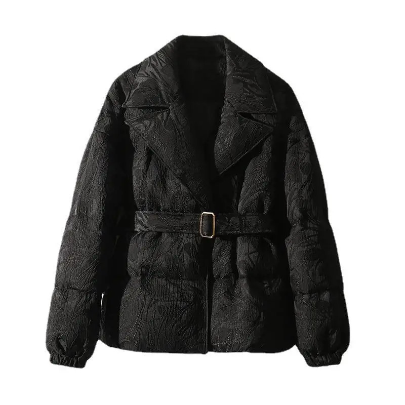 High end down jacket with dark color pattern and waist white high-quality down jacket 241024
