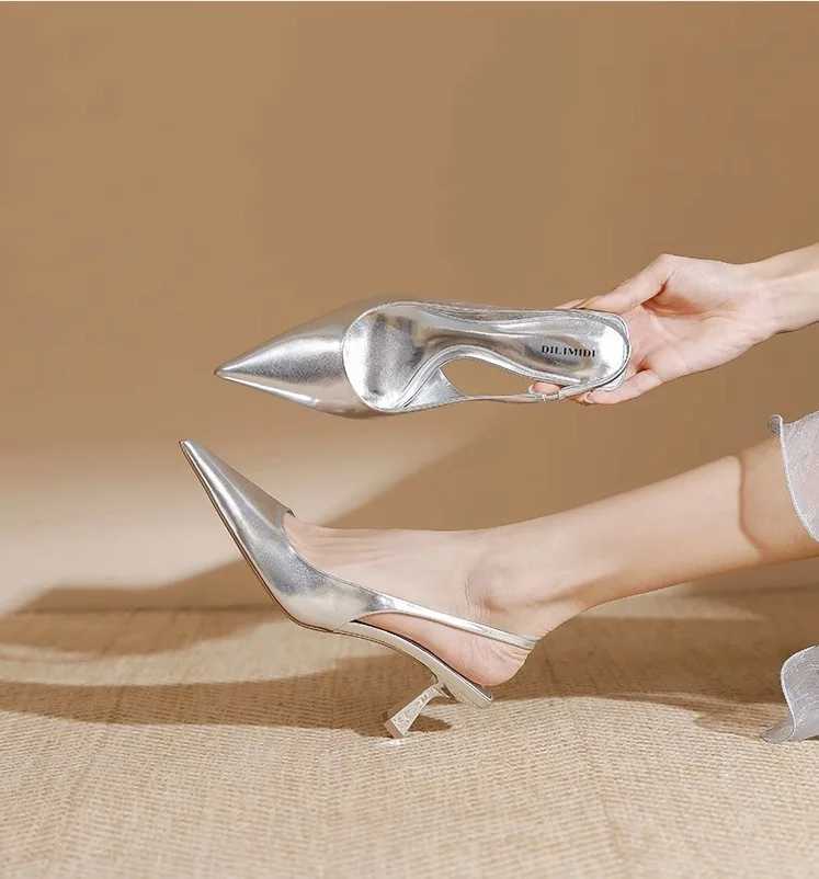 High Quality Elegant low heeled sandals for womens cats high heels for spring and summer Sier pump toe wedding office womens shoes suspenders T241024