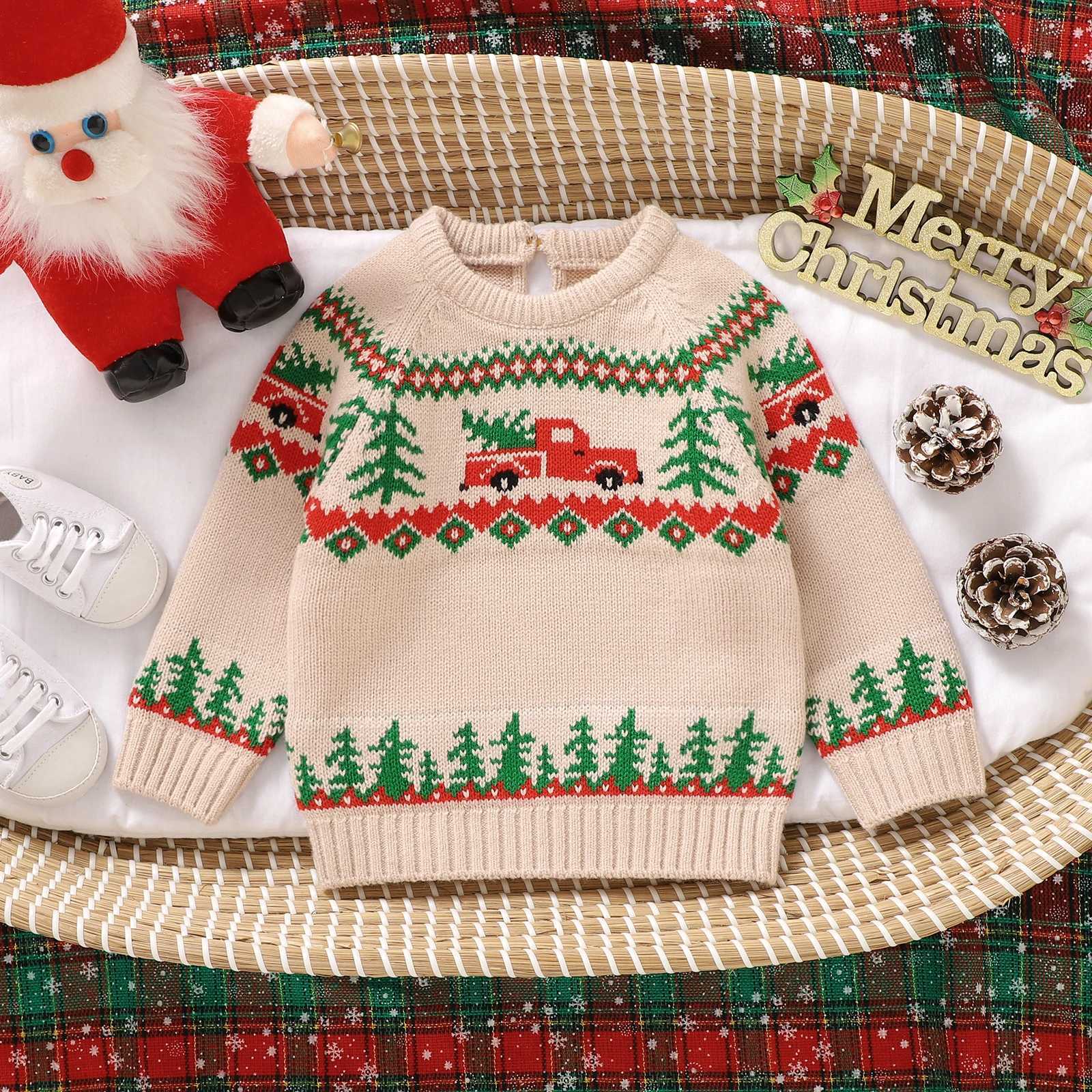 FOCUSNORM 0-3Y Baby Boy Christmas Sweater Long Sleeve Round Neck Christmas Tree Embroidered Knitted Floral Top W241025