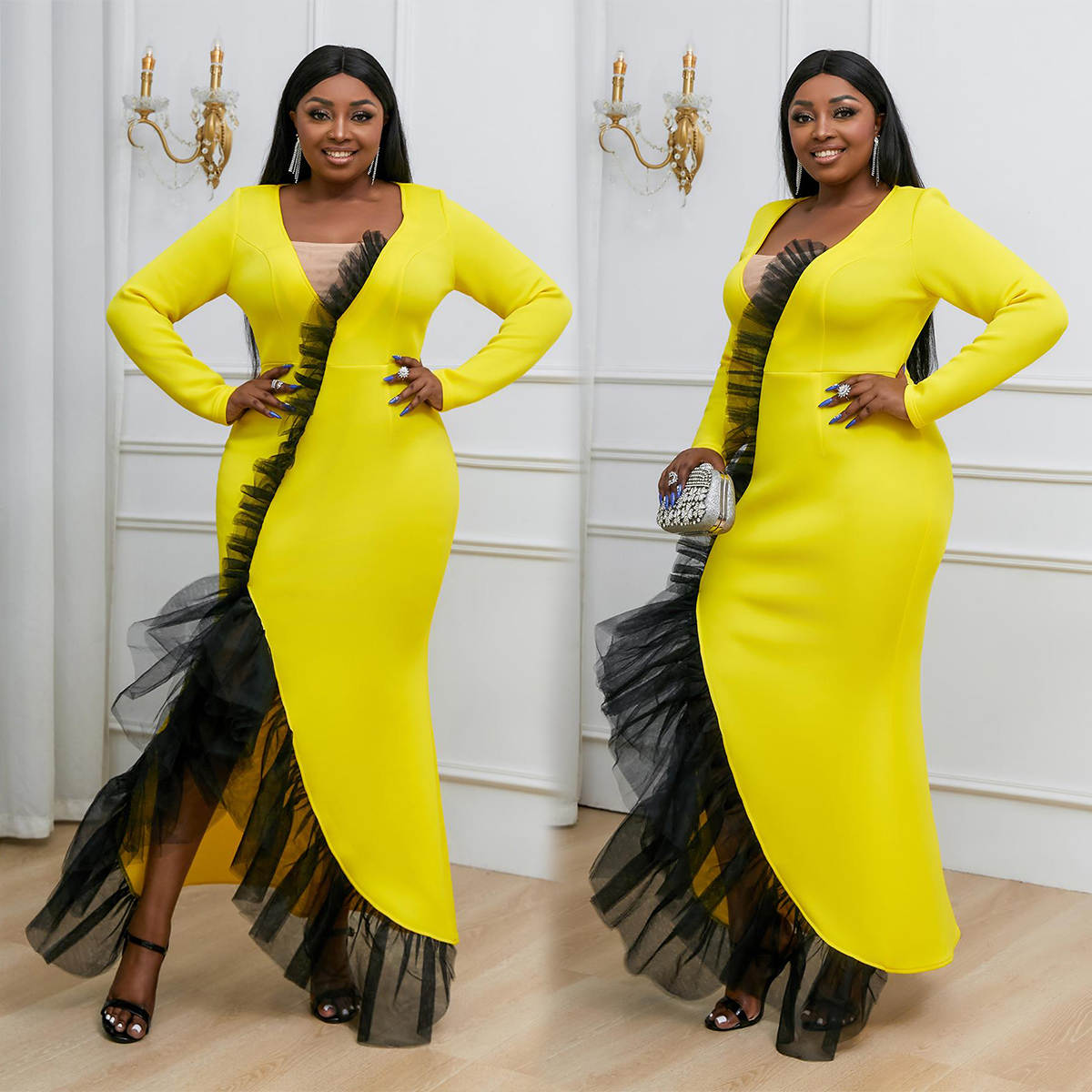 Plus Size Mother of the Bride Suits V Neck Long Sleeve Jacket Ruffles Tulle Women Business Party Dress Simple Formal Work Wear