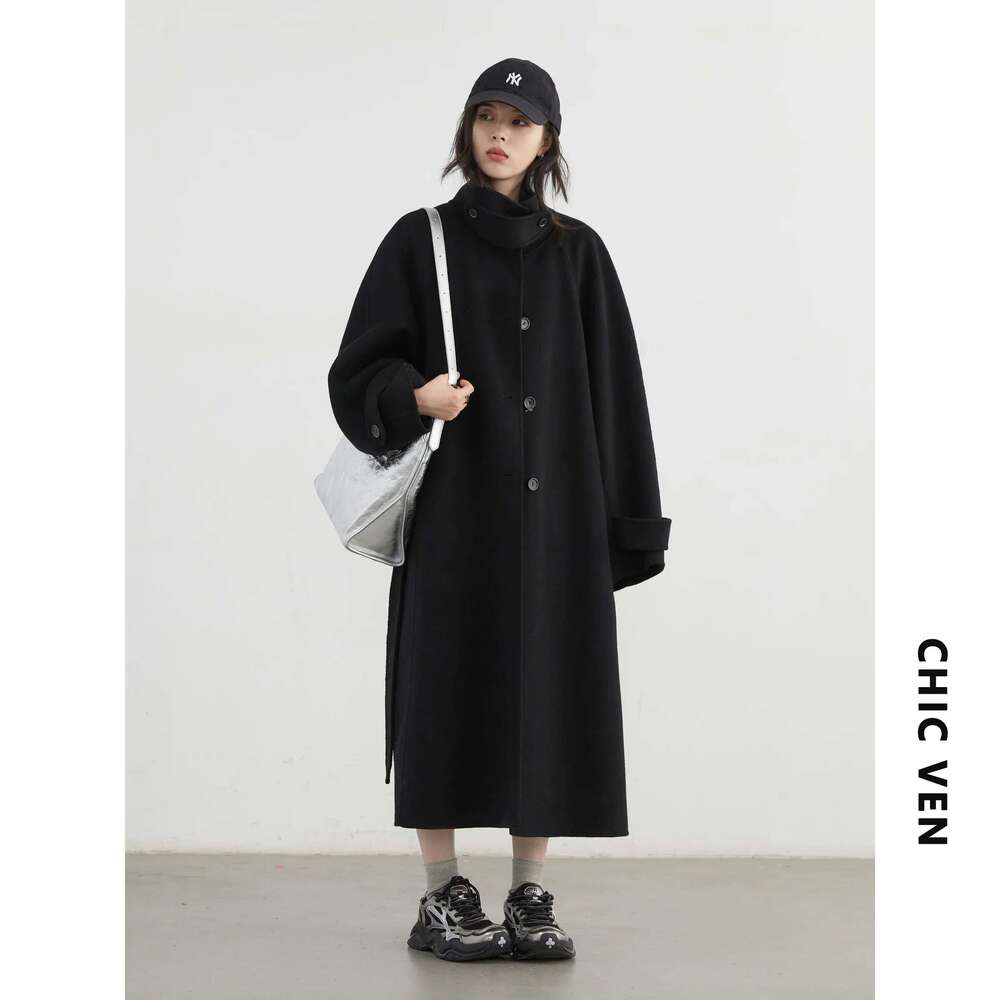 CHIC VEN Korean Women Woolen Coat Single Breasted Loose Stand Collar Belt Long Double-Sided Ladies Overcoat Autumn Winter 2024