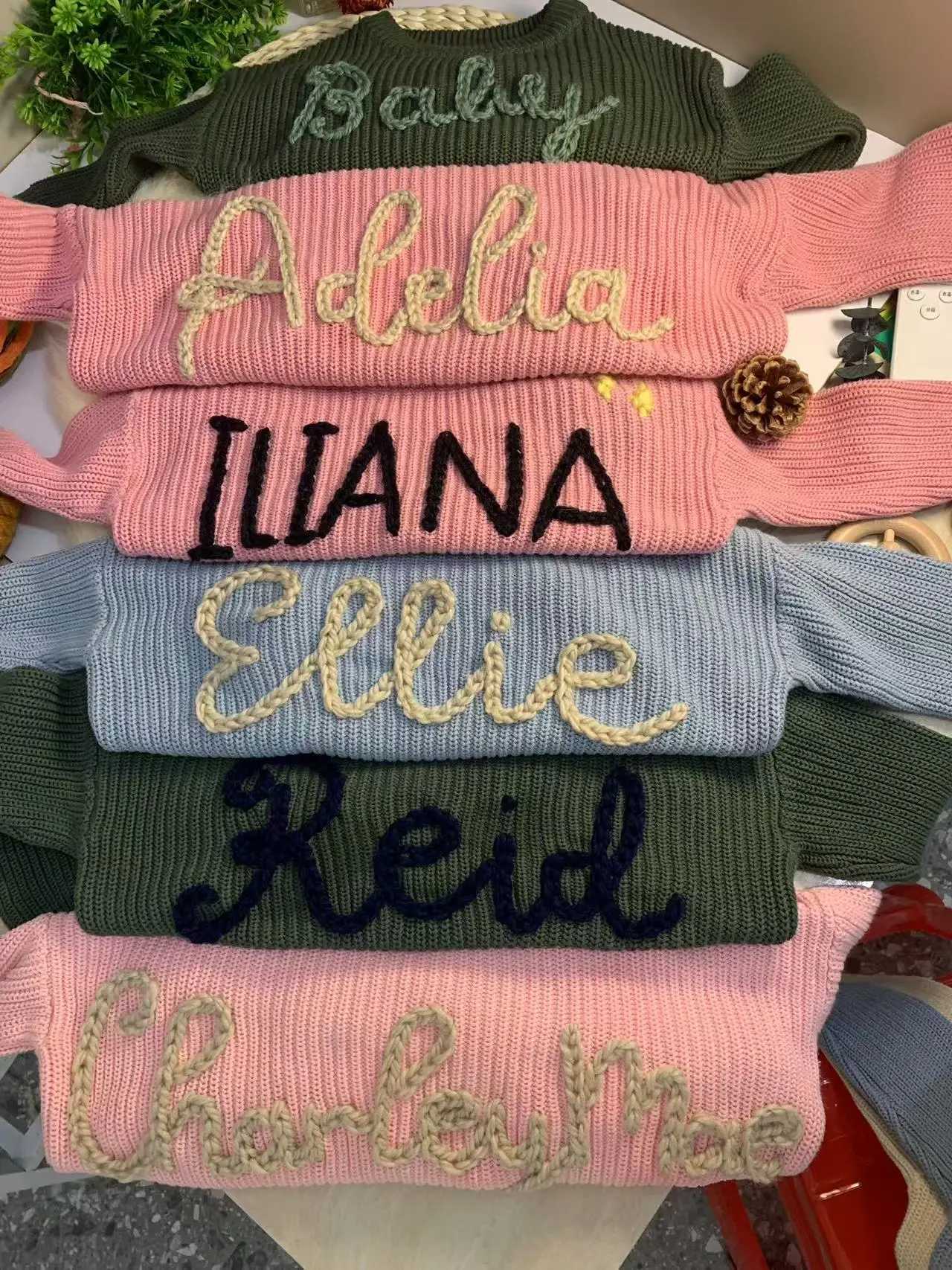 Customized name sweaters hand embroidered name sweaters personalized baby sweaters and winter womens clothing for newborn girls W241025