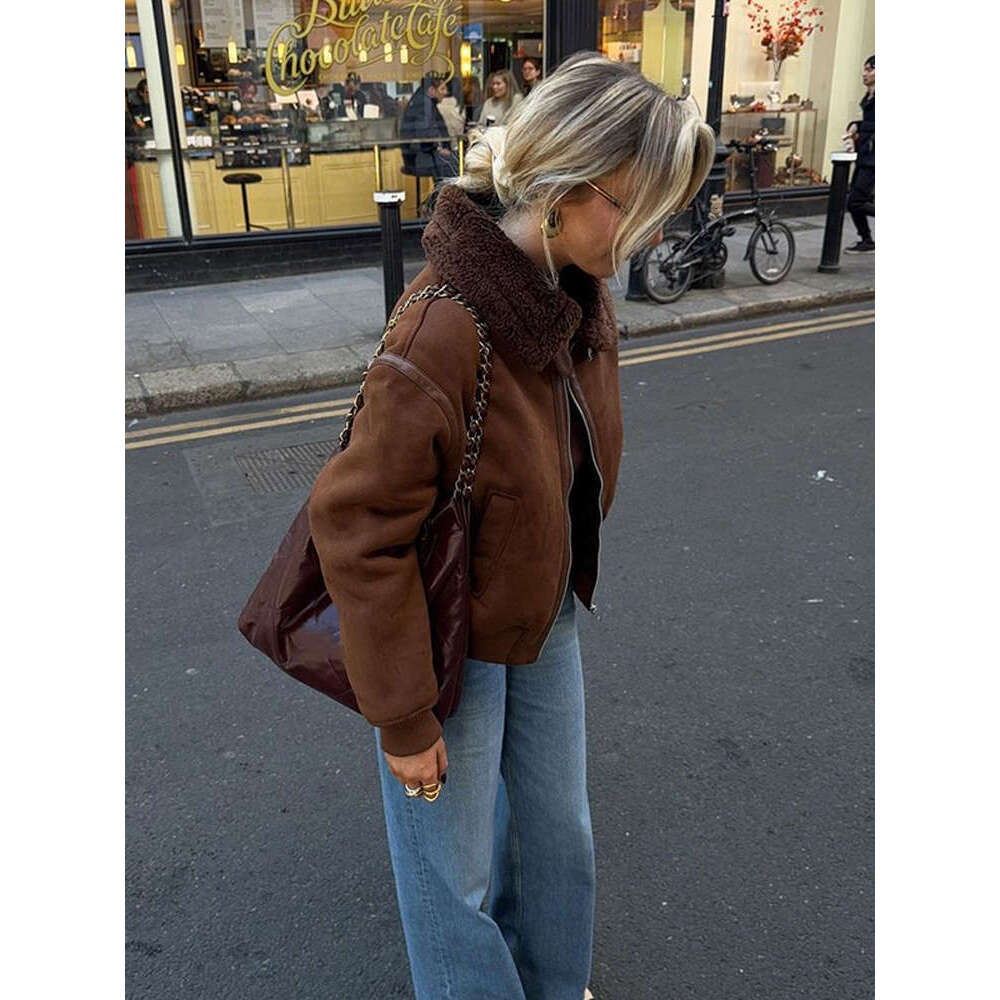 Chic Brown Adjustable Long Sleeve Wool Coat Warm Lapel Zipper Patchwork Faux Fur Short Jacket New Winter Female High Streetwear