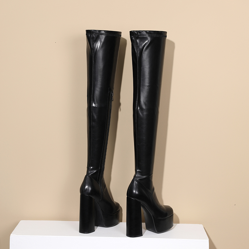 Square Head Platform Super Thick Heel High Quality Elastic Simple Side Zipper Slip On Women's Over The Knee Boots 241110