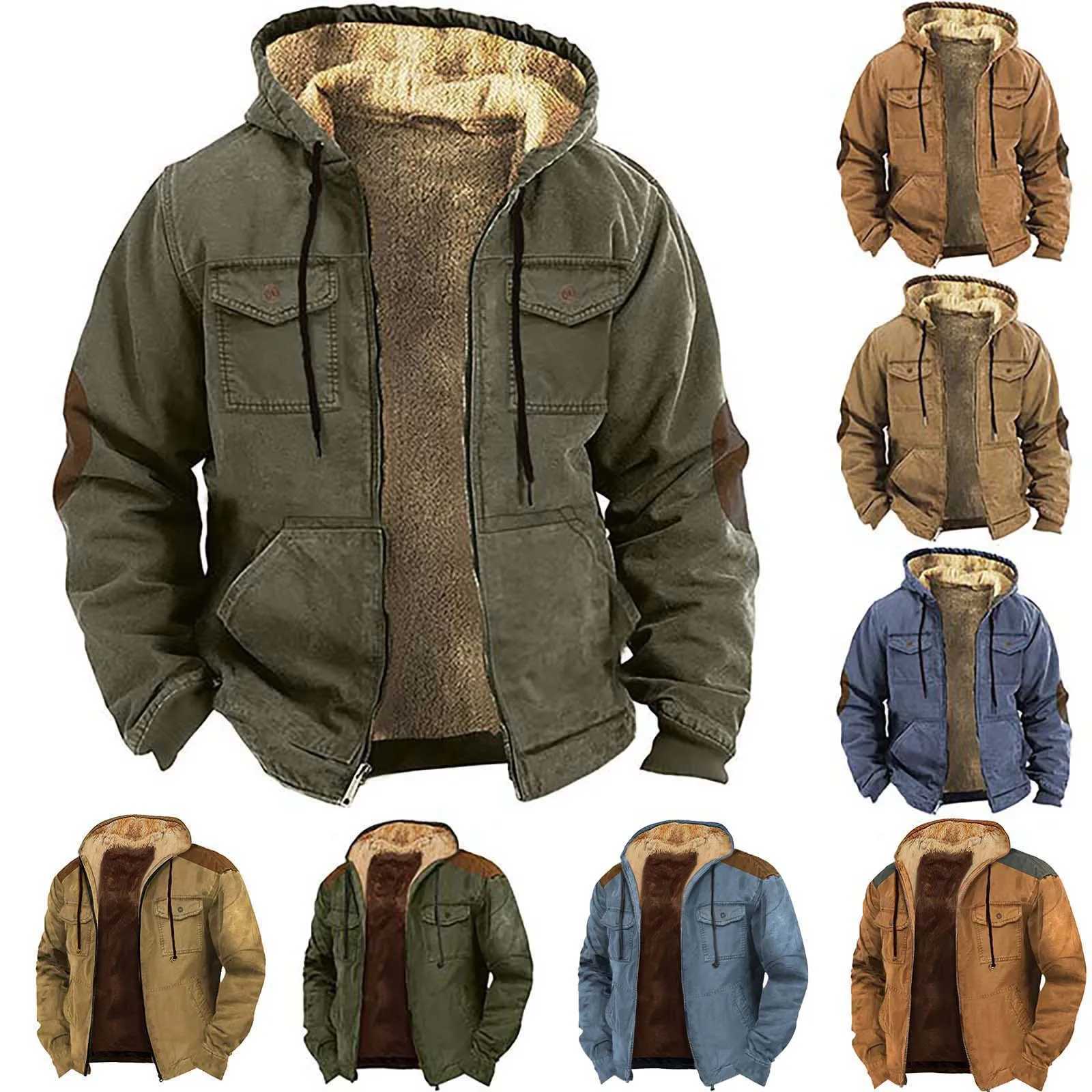 Mens plush lined hooded jacket Gothic retro thick hot hooded jacket with multiple pockets solid color Lambswool lined jacket W241024